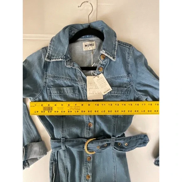 Show Me Your Mumu Denim Jean Dress Longsleeve Dress Belted Raw Hem SMALL NWT - Picture 4 of 7